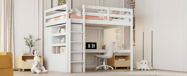 English Elm Wood Full Size Loft Bed with Built-In Desk, Wardrobe, Shelves & Drawers for Space-Saving Rooms White GX000466AAK