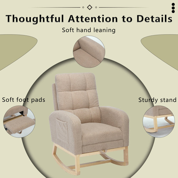 English Elm Modern Accent Rocking Chair With High Backrest, Solid Wood Legs & Side Pocket For Ultimate Comfort W2725P254697