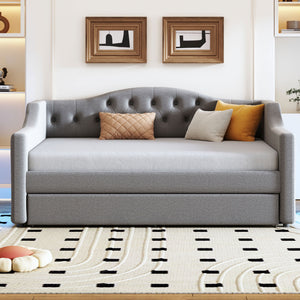 English Elm Upholstered Full XL Daybed with LED Belt and Trundle, Linen Backrest, Modern Silhouette, 450lb Capacity Gray DL002059AAE