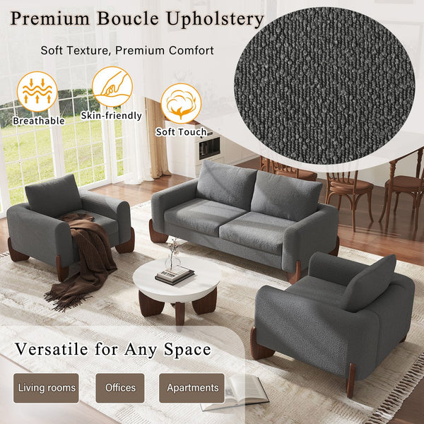 English Elm U_style Bouclé 3 Piece Living Room Sofa Set with Loveseat and Two Accent Armchairs Grey WY000479AAE