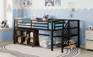 English Elm Twin Metal Loft Bed with Stairs and Six Storage Cubbies, Sturdy Metal Slat Support, Safe Low Design for Kids Black 75.2 L x 17.72 W x 9.45 H W2593P305749