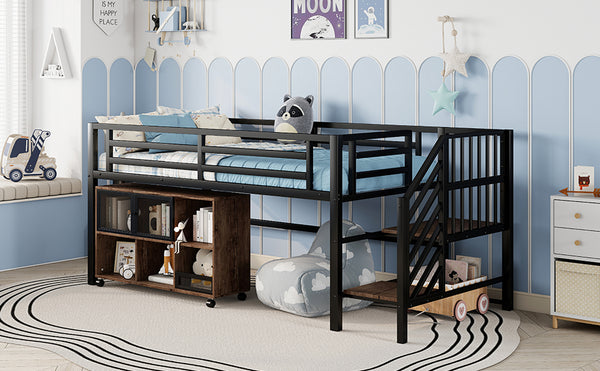English Elm Twin Metal Loft Bed with Stairs and Six Storage Cubbies, Sturdy Metal Slat Support, Safe Low Design for Kids Black 75.2 L x 17.72 W x 9.45 H W2593P305749