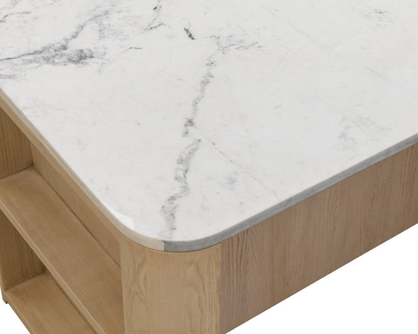 Sunpan ROMILLY Kitchen Island with White Marble Top - Elegant 62" Oak Base & Smart Storage Solution 112362