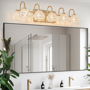 English Elm Modern Crystal Bathroom Vanity Light, 5-Light Golden Wall Sconce With Clear Glass Shade, Elegant Wall Mount Lighting For Bathroom, Powder Room, Or Vanity Mirror (No Bulbs)