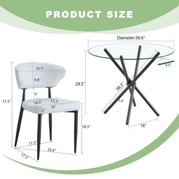 English Elm Table Set: Modern 36.6” Round Glass Dining Table With 4 Ergonomic White Pu Chairs For Comfort & Style W1151S03672-GIGA