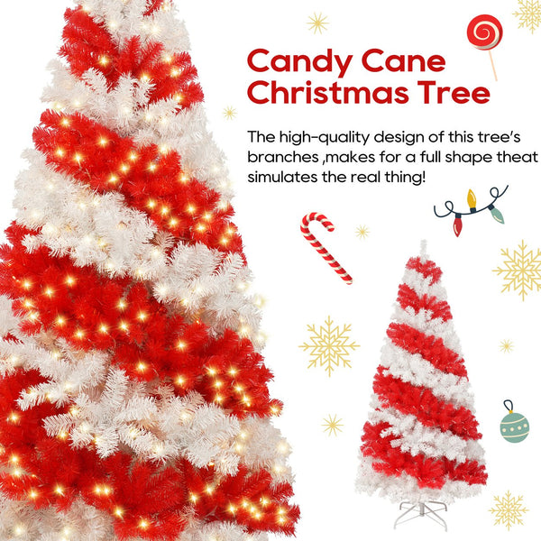 English Elm 6ft Candy Cane Christmas Tree with 300 Warm White LEDs, 904 Bendable Branches, Easy Assemble Joyfully Festive Decor N710P181789J