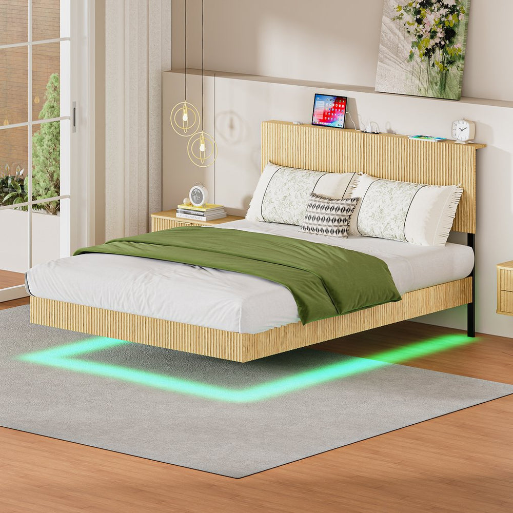 English Elm Oak Queen Floating Bed Walnut Finish Wavy Headboard Led Lighting Built in Charging W1820P407906
