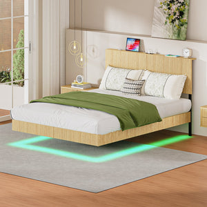 English Elm Oak Queen Floating Bed Walnut Finish Wavy Headboard Led Lighting Built in Charging W1820P407906