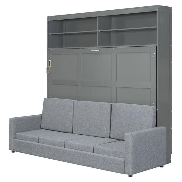 English Elm Queen Murphy Wall Bed with Integrated Sofa Linen Upholstered for Studio Apartments Gray LP000892AAE-1