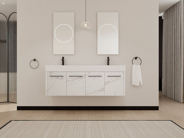 English Elm 60 Inch Wall-Mounted Bathroom Vanity With Double Resin Sinks, Modern Design, Storage & Style W999S00254