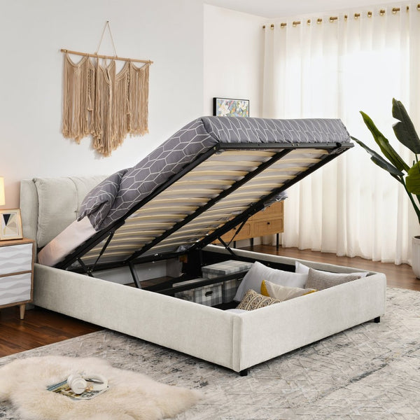 English Elm Queen Size Upholstered Hydraulic Platform Bed With Integrated Headboard & Hidden Storage, Beige W1413S00113-GIGA