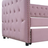 English Elm Twin Size Tufted Upholstered Daybed With Trundle, Velvet Sofabed With Rivet Design, No Box-Spring Needed,Pink