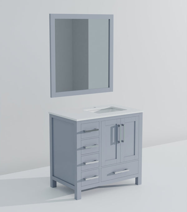 English Elm Dark Grey Bath Vanity 36" W X 22" D With Right-Offset White Quartz Top & Stylish 34" Mirror Set B2731S00686