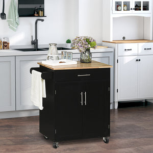 English Elm HOMCOM Mobile Kitchen Island Cart with Drawer & Cabinet, Rubberwood Countertop, Towel Rack, Black W2225P173900