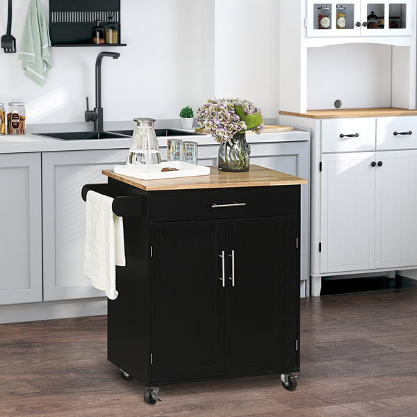 English Elm HOMCOM Mobile Kitchen Island Cart with Drawer & Cabinet, Rubberwood Countertop, Towel Rack, Black W2225P173900