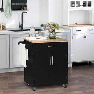 English Elm Homcom Kitchen Island Cart Rolling Trolley Cart With Drawer, Storage Cabinet & Towel Rack, Black