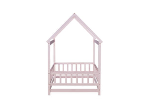 English Elm Twin Size House Floor Bed With Charming Roof Frame, Safety Guardrails & Soft Pink Finish For Kids W504P286405-GIGA