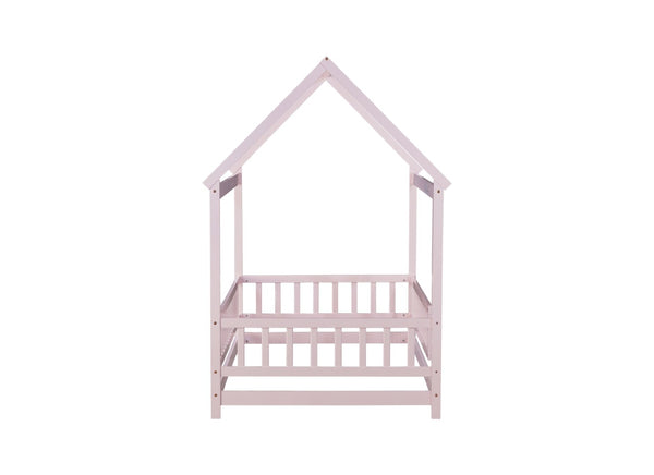 English Elm Twin Size House Floor Bed With Charming Roof Frame, Safety Guardrails & Soft Pink Finish For Kids W504P286405-GIGA