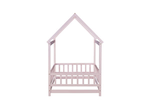 English Elm Twin House Frame Floor Bed Rubberwood with Roof Canopy and Safety Rails for Kids Pink W504P429347
