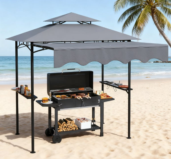 English Elm Ventilated Grill Gazebo with Dual Vented Canopy Side Awning Shelves and Steel Frame T3971P427011
