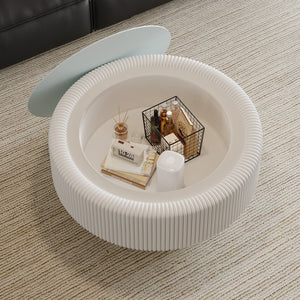 English Elm 31.5" Fluted Leather Round Coffee Table Tempered Glass Lift Top Hidden Storage Modern White W3158P450848