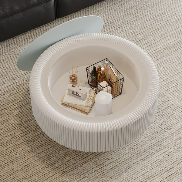 English Elm 31.5" Fluted Leather Round Coffee Table Tempered Glass Lift Top Hidden Storage Modern White W3158P450848