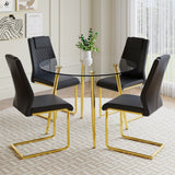 English Elm A Modern Minimalist Style Round Transparent Tempered Glass Table With Gold Metal Legs, Paired With 4 Modern Pu Leather High-Back Dining Chairs, Bring A Luxurious Experience.