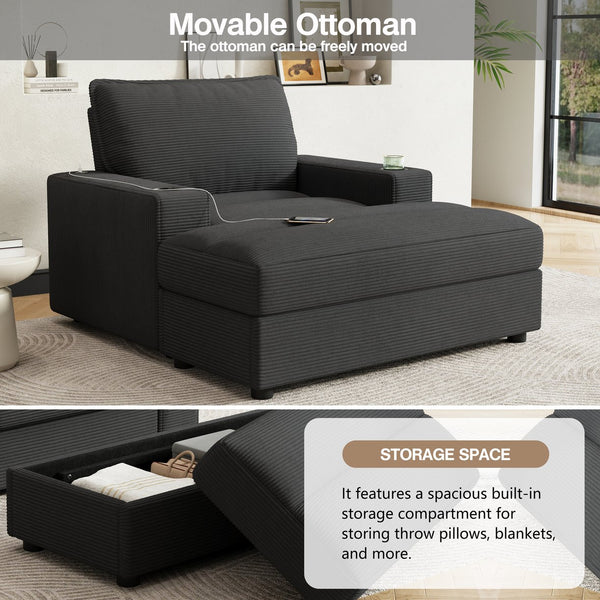 English Elm Christopher Knight Home® - 42.8" Oversized Chaise Lounge with Storage Ottoman, Corduroy Upholstery, USB Port & Cup Holders for Cozy Living Space Grey N765P350851G