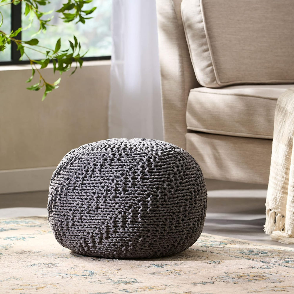 English Elm Christopher Knight Home® - Hazel Dark Grey Knitted Cotton Pouf 20"x20" Round — Handmade Eco-Friendly PET Yarn, Modern Texture 60495.00