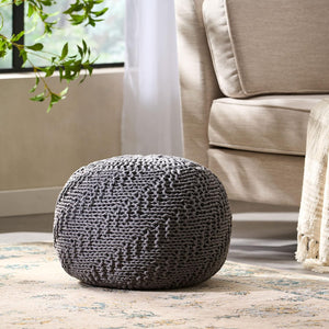 English Elm Christopher Knight Home® - Hazel Dark Grey Knitted Cotton Pouf 20"x20" Round — Handmade Eco-Friendly PET Yarn, Modern Texture 60495.00