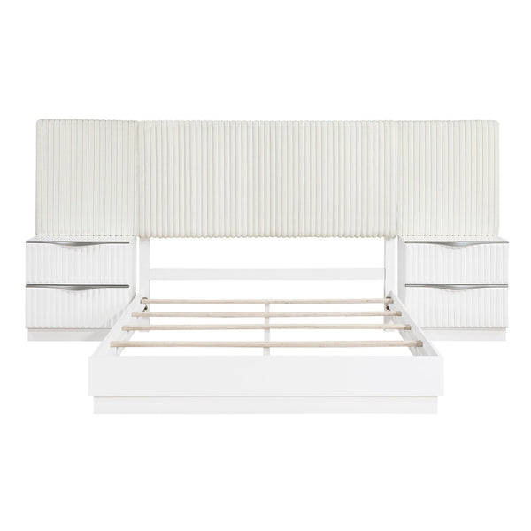 English Elm Luxurious Pearl White California King Bedroom Set with Faux Fur Headboard Wall Panel B011S02281