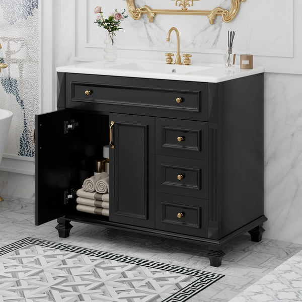 English Elm 36" Modern Bathroom Vanity with Ceramic Sink, Gold Handles, Flip-Out Drawer & Soft-Close Doors Black N725P283623B