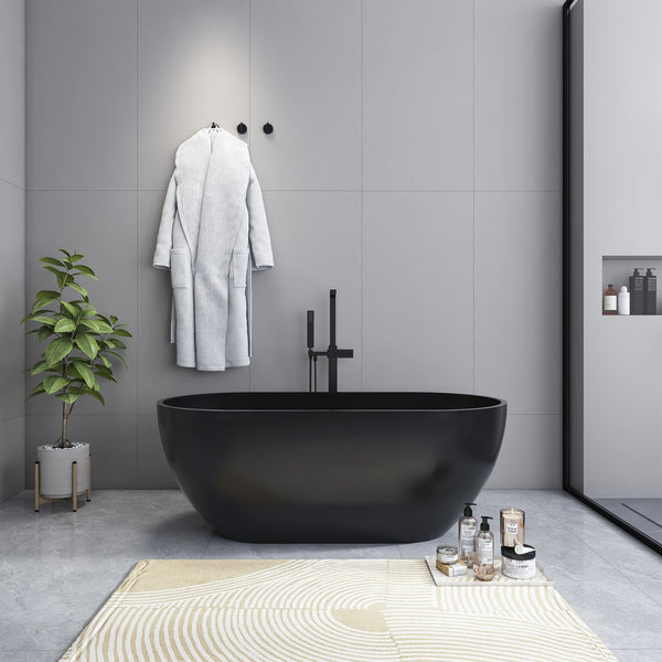 English Elm 59 Inch Stone Resin Freestanding Bathtub Oval Spa Soaking Tub for Small Bathrooms Black W1613P355471