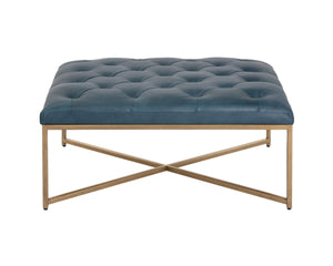 Sunpan ENDALL Ottoman - Luxurious Top-Grain Leather with Antique Brass Base for Elegant Living Spaces Teal 104086
