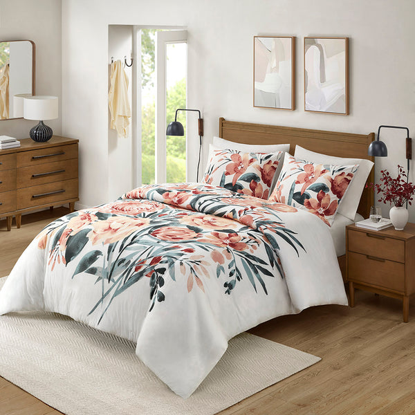 JLA Home Madison Park - 3 Piece Floral Cotton Duvet Cover Set — Mid-Century Bold Floral, Breathable Cotton Face, OEKO-TEX Certified MP12-8358