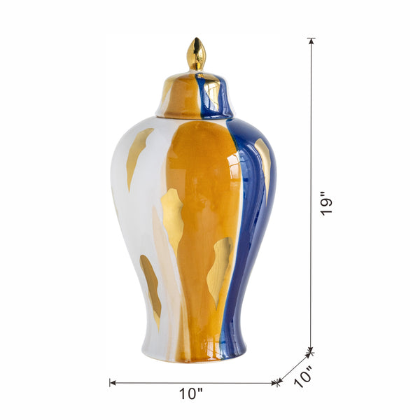 English Elm 9.8x9.8x19.1" Tall Ceramic Ginger Jar with Blue White Gold Abstract Glaze W2078P445035