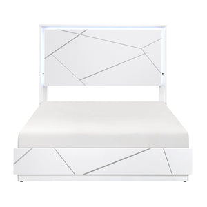 English Elm Glamorous White Lacquer California King Bed with Led Headboard and Geometric Accents B011S02214