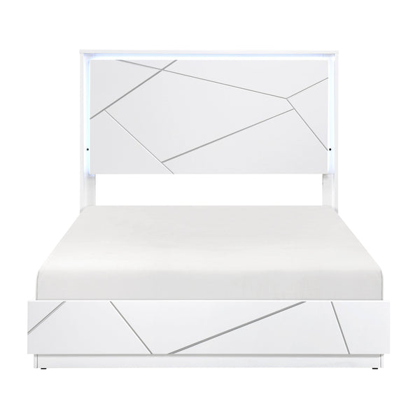 English Elm Glamorous White Lacquer California King Bed with Led Headboard and Geometric Accents B011S02214