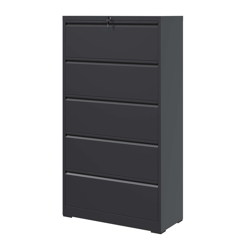 English Elm 5 Drawer Metal Lateral File Cabinet with Secure Locking System, Smooth Powder Coat, Quiet Ball-Bearing Slides for Heavy-Duty Legal and A4 Document Organization Black T2398P182180