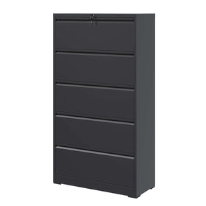 English Elm 5 Drawer Metal Lateral File Cabinet , Black Filing Cabinet With Lock, Lockable File Cabinet For Home Office, Locking Metal File Cabinet For Legal/Letter/A4/F4 Size