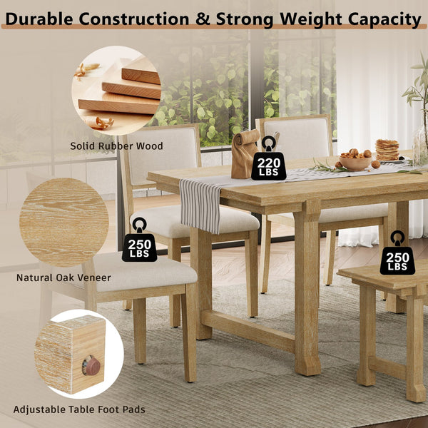 English Elm Trexm Farmhouse Dining Set Seats Six Oak Veneer Table Mixed Chairs Bench Included Beige,Natural Wood Wash ST000156AAE