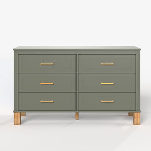 English Elm 6-drawer Double Dresser Solid Wood Legs Mid-century Modern Bedroom Storage Cabinet Olive W1445S00005