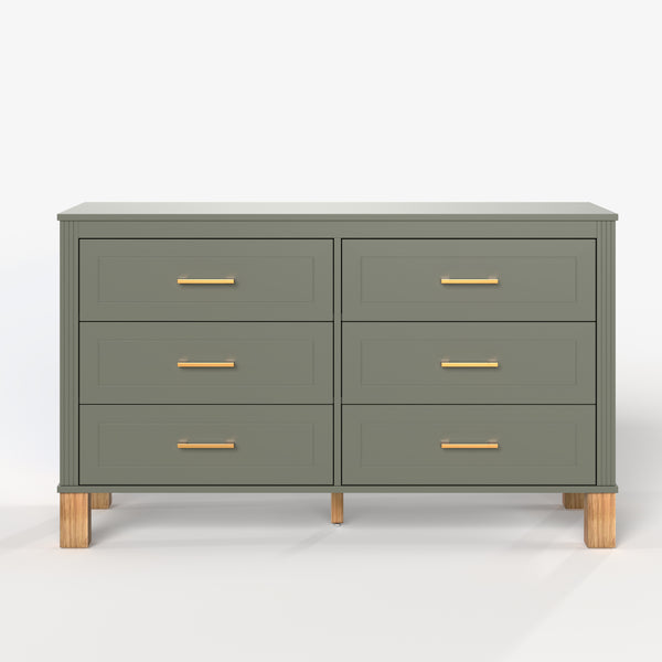 English Elm 6-drawer Double Dresser Solid Wood Legs Mid-century Modern Bedroom Storage Cabinet Olive W1445S00005