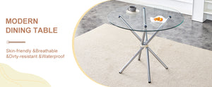 English Elm A Round Tempered Glass Dining Table with Sculptural Black Metal Legs for Modern Spaces W1151P411357