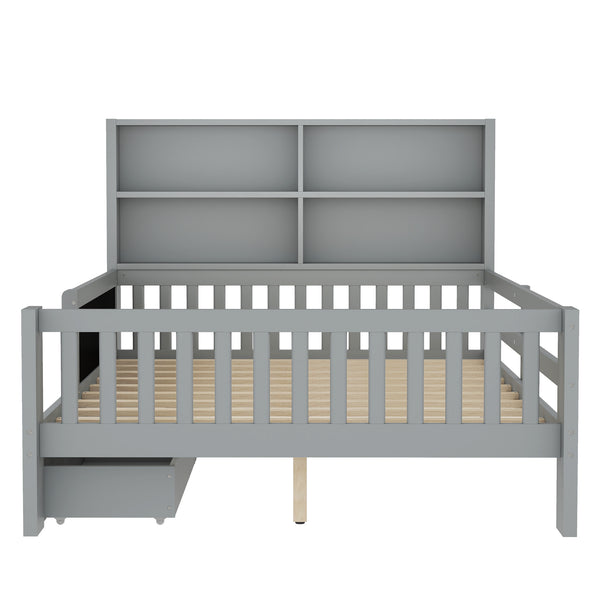 English Elm Full Solid Wood Platform Bed with Chalkboard Headboard, Storage Drawers & Shelves, Kid-Friendly White Gray W1580P362710