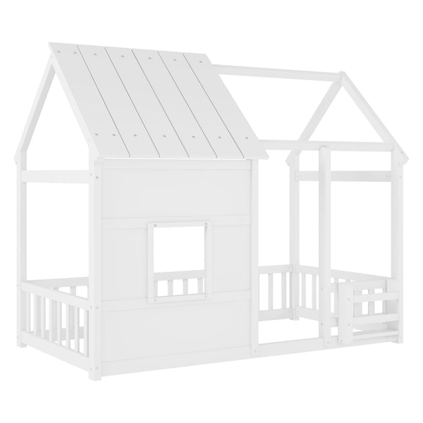 English Elm Twin House Frame Floor Bed Pinewood Build with Led Roofline Kids Bedroom White W697P435880