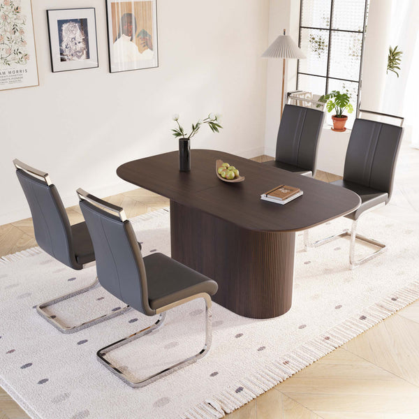 English Elm 63 Inch Mdf Dining Table Set with Four Pu Leather Chairs Silver Metal Legs Modern Brown+Gray W2189S00884