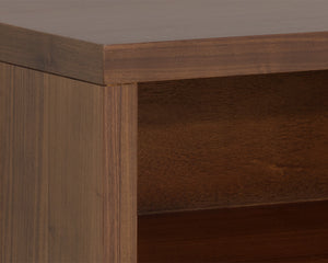 Sunpan Dimico Mid-Century Nightstand with Walnut Veneer & Rustic Bronze Handle – Timeless Elegance!