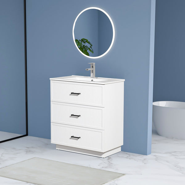 English Elm 30 Inch Bathroom Vanity With Ceramic Sink - Modern Freestanding Storage Cabinet, 2 Drawers, White Finish W1550S00045