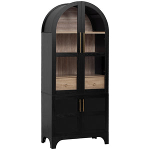 English Elm K&K Arched 71" Kitchen Pantry Cabinet with Glass Doors, Brass Handles, Adjustable Shelves & Drawer Black N707P288969B